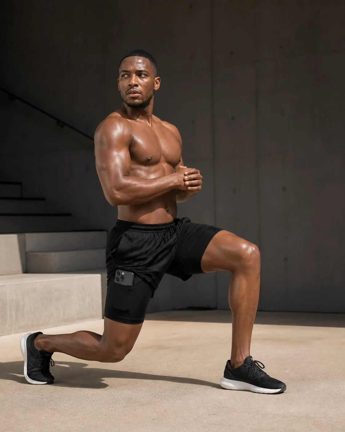 Modelo em movimento com o Short Dryfit Térmico 2 em 1 preto RYOVEN