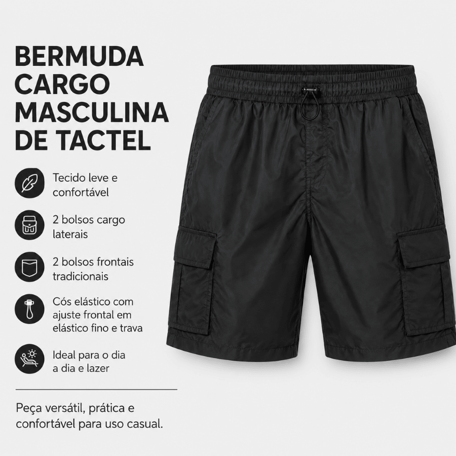 Bermuda Cargo Masculina de Tactel Preta com Cós Elástico na cor Preto