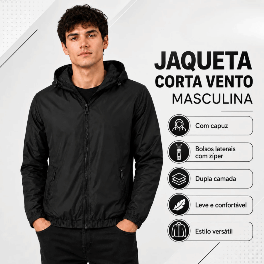 Jaqueta Corta Vento Masculina Com Capuz Dupla Camada Leve Esportiva Casual Com Bolsos e Zíper na cor Preto